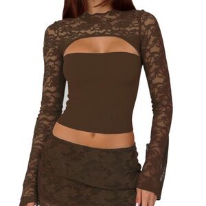 Womens Sexy 2 Piece Mini Skirt Set Long Sleeve Lace Cutout Top M